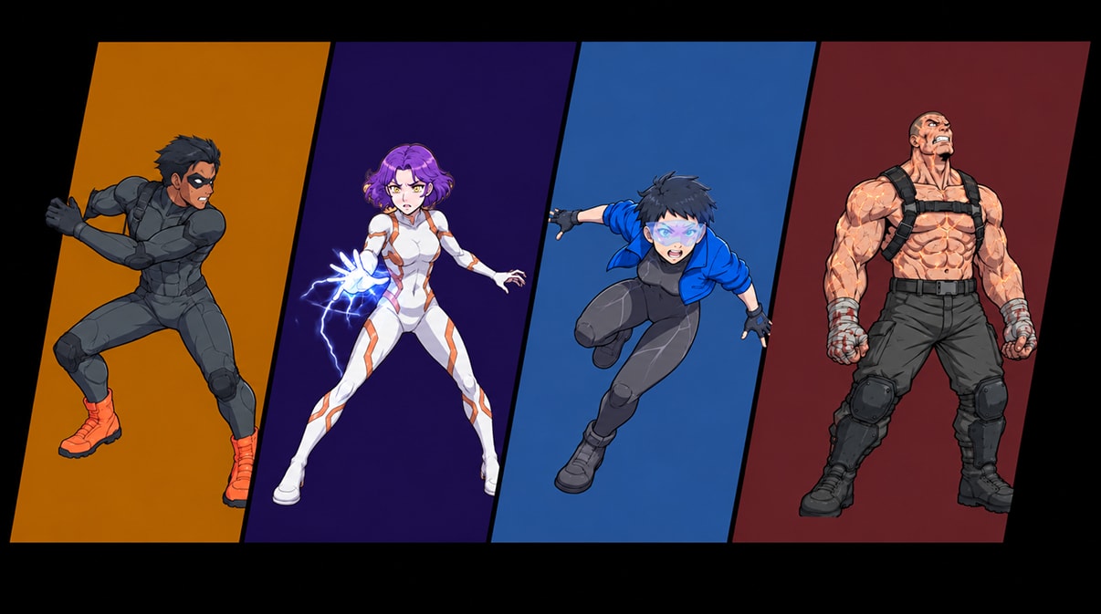 Four superheroes in a comic-style lineup on angled color panels: a masked scout in black, a woman in a white suit crackling with electricity, a runner in a blue jacket with a glowing visor, and a towering brawler with bandaged fists