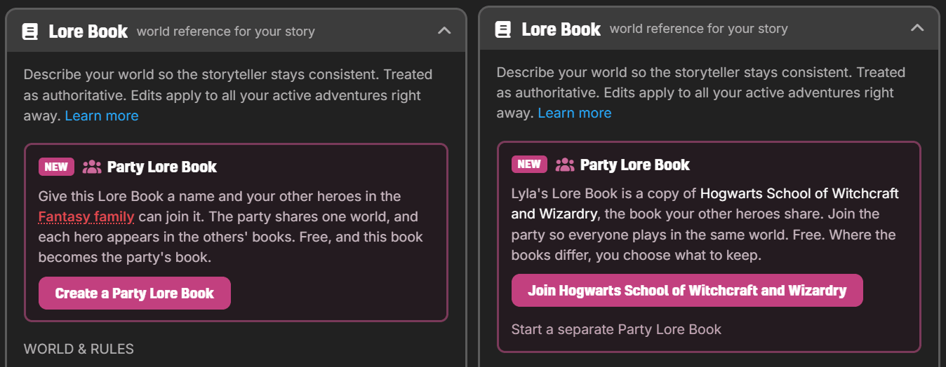 Two Lore Book panels side by side: one offers Create a Party Lore Book, the other invites a hero whose book is a copy to join the shared book instead