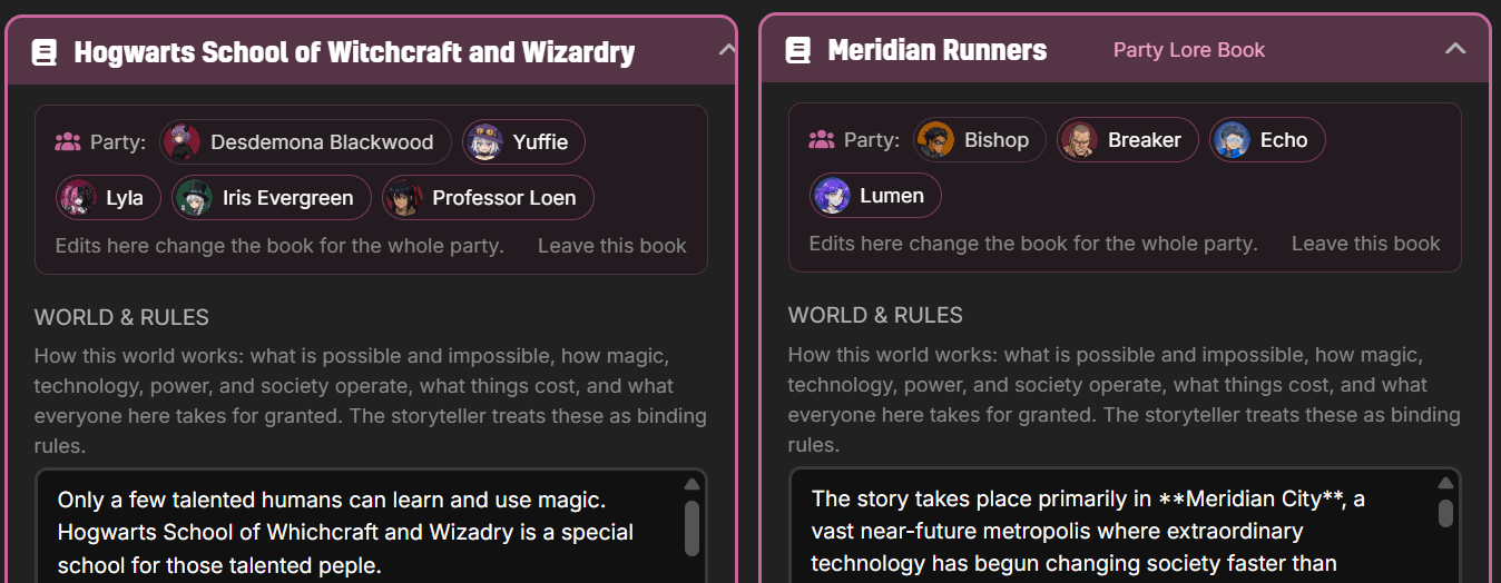 Two Party Lore Books with their member rows: one party of five heroes and one of four, each above a shared WORLD & RULES section