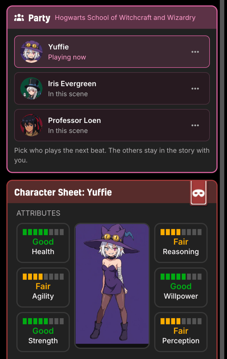 The Party panel listing Yuffie as Playing now with two more heroes in the scene, above a character sheet showing Yuffie's attributes