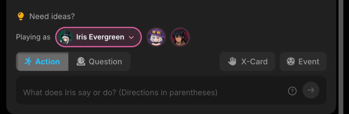 The input bar with a Playing as selector set to Iris Evergreen and the headshots of two more party members beside it