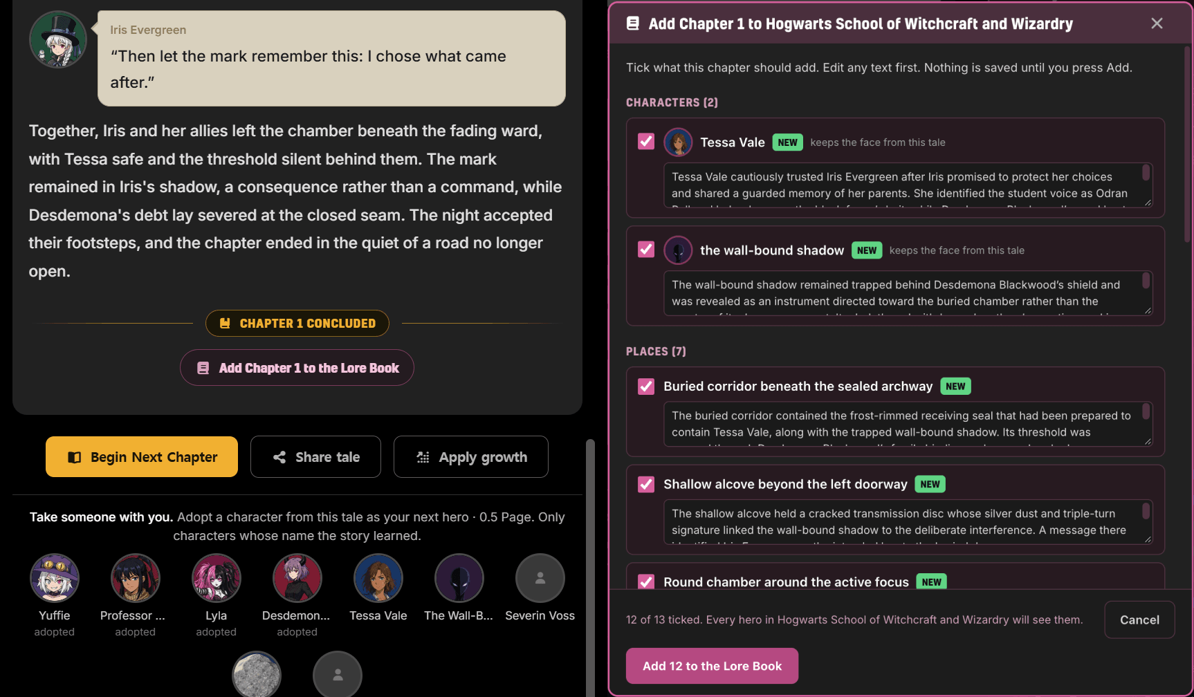 A concluded chapter with an Add Chapter 1 to the Lore Book button, beside a review dialog listing new characters and places with checkboxes and editable text