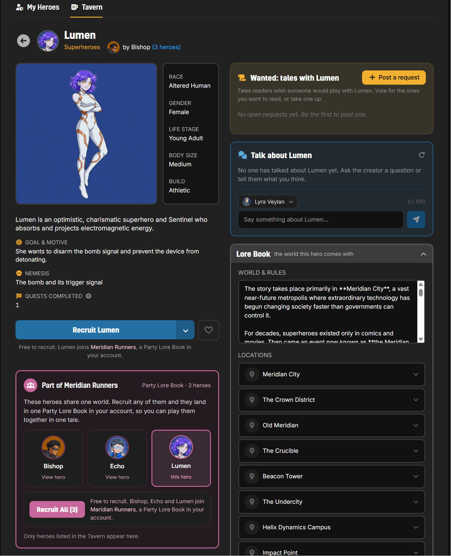 A Tavern hero page for Lumen showing a Part of Meridian Runners card with three party members and a Recruit All button, beside the shared Lore Book's world rules and locations