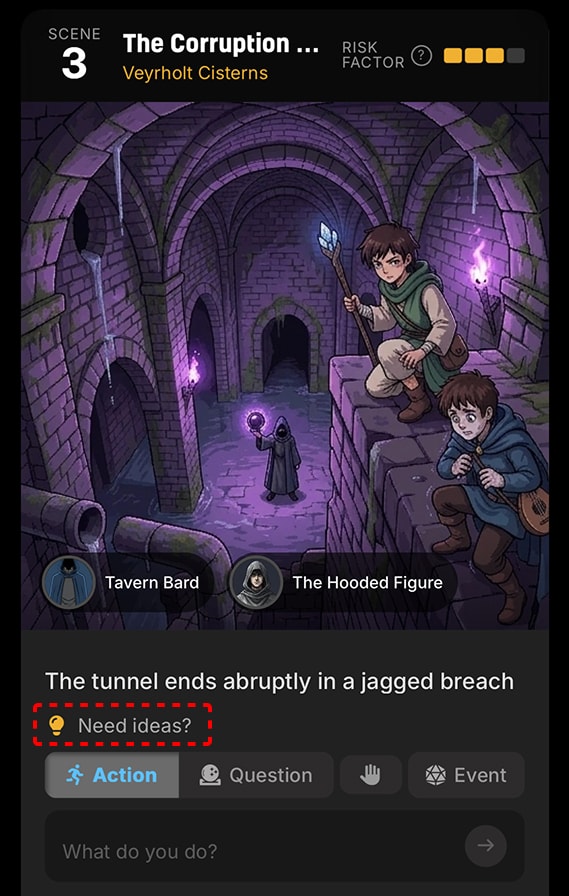 The game screen with the new Need ideas? link above the Action and Question tabs