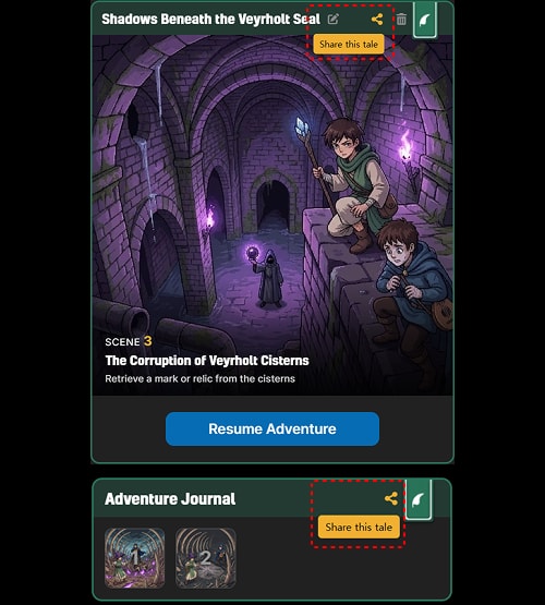 The share icon on an adventure card of the character sheet and in the Adventure Journal bar