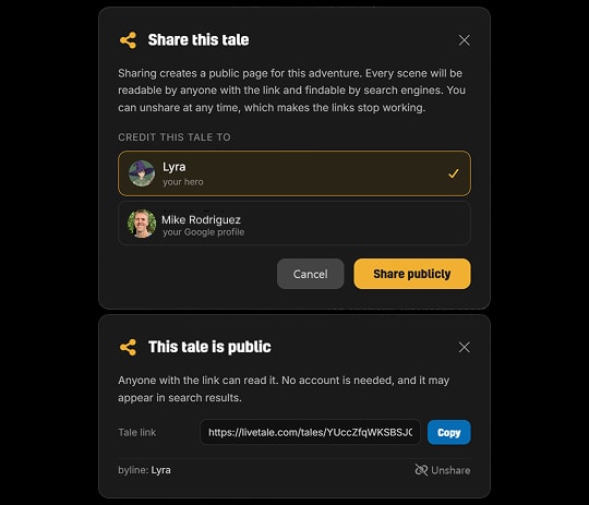 The share dialog with the byline picker offering the hero character or the Google profile