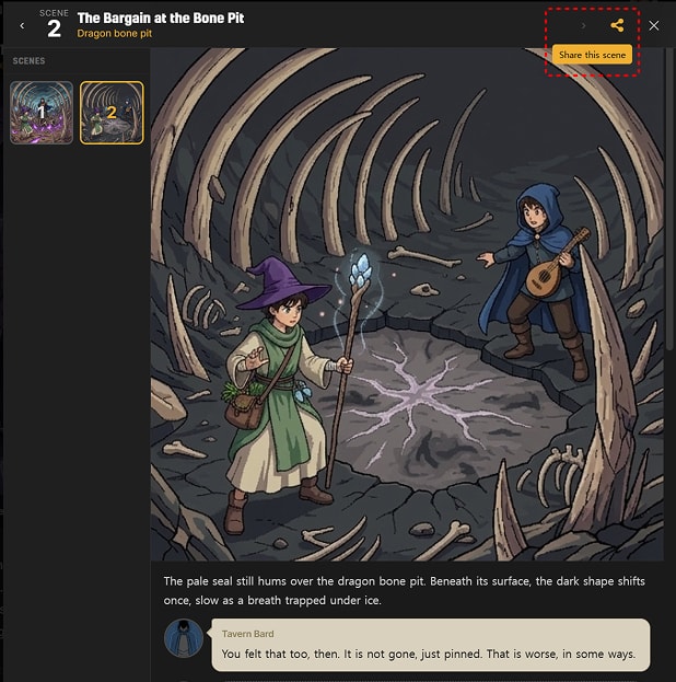 The Scene Archive modal with the per-scene share option