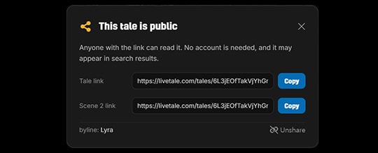 The share dialog offering a copy row for the tale link and a separate one for the current scene link