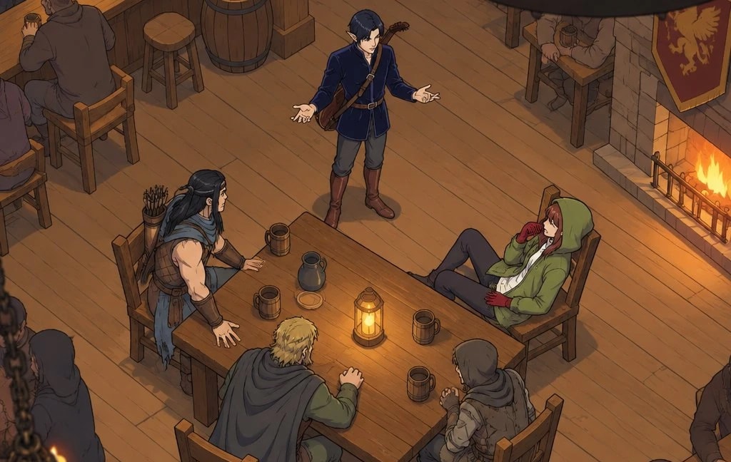A tavern common room seen from above: a bard stands mid-story at a table while adventurers lean in around the lantern, listening