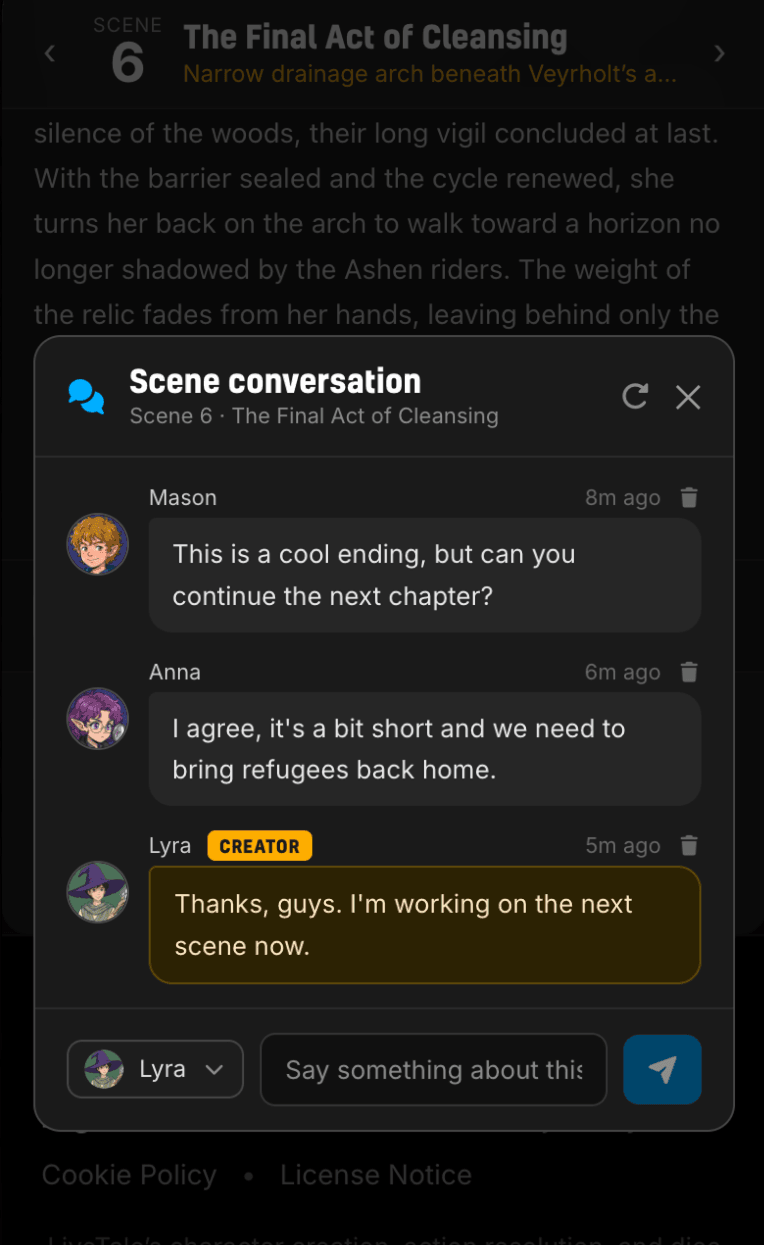The Scene conversation dialog on a phone: three chat bubbles with round headshots on the left, the creator's reply marked CREATOR in gold, and a persona dropdown beside the message box
