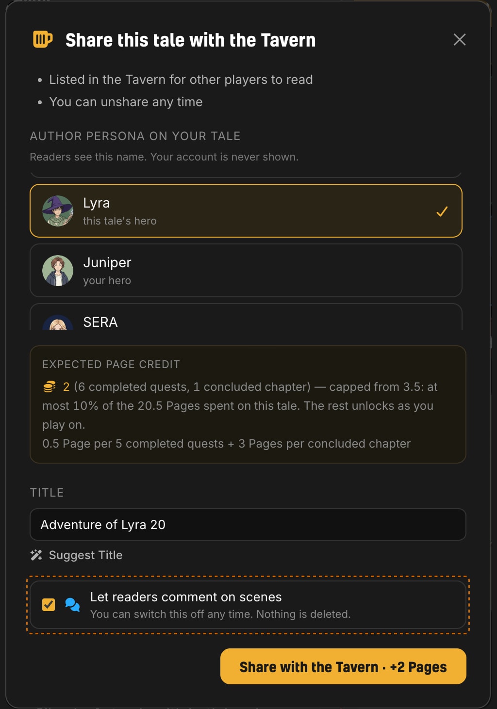 The Share this tale with the Tavern dialog with the Let readers comment on scenes checkbox ticked near the bottom