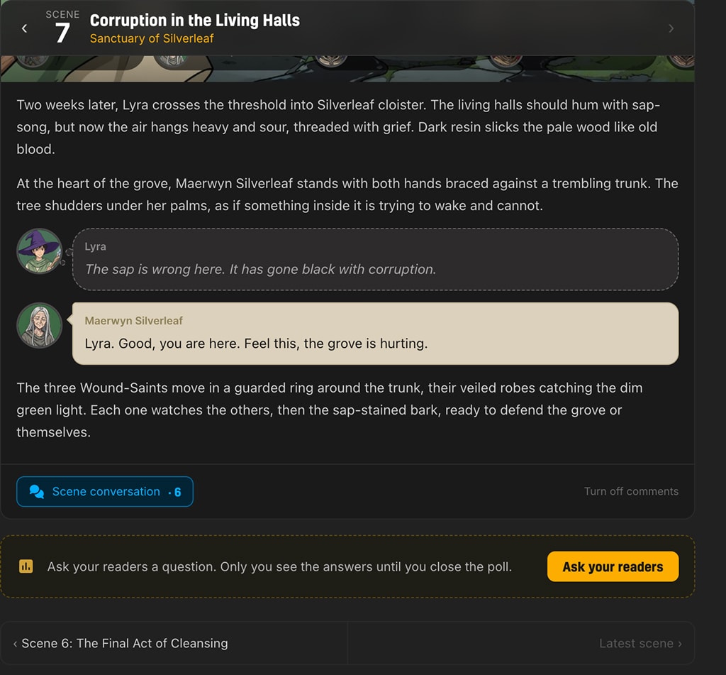 The end of the last scene of a tale: a Scene conversation button with six comments, and a gold card reading Ask your readers a question with an Ask your readers button