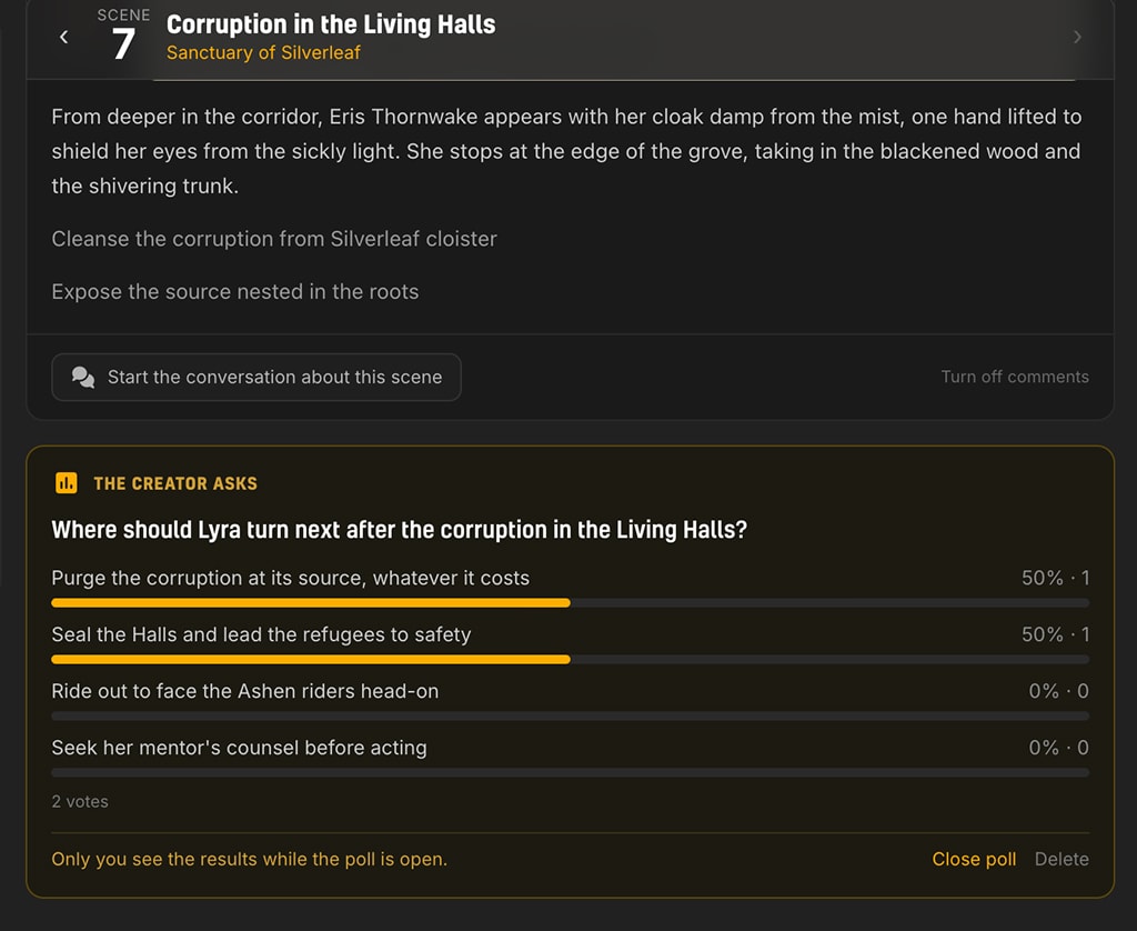 The creator's view of an open poll: the question, four answers with gold result bars and percentages, and Close poll and Delete links