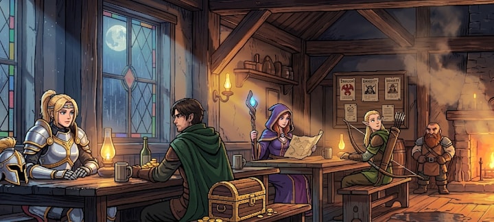 The Tavern's torchlit common room banner, with player-made heroes gathered inside