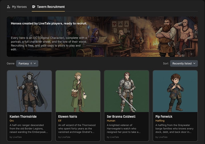 The Tavern Recruitment tab showing a genre filter and a grid of player-made hero cards