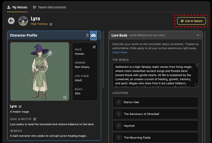 The List in Tavern button on a character sheet, opening the listing dialog