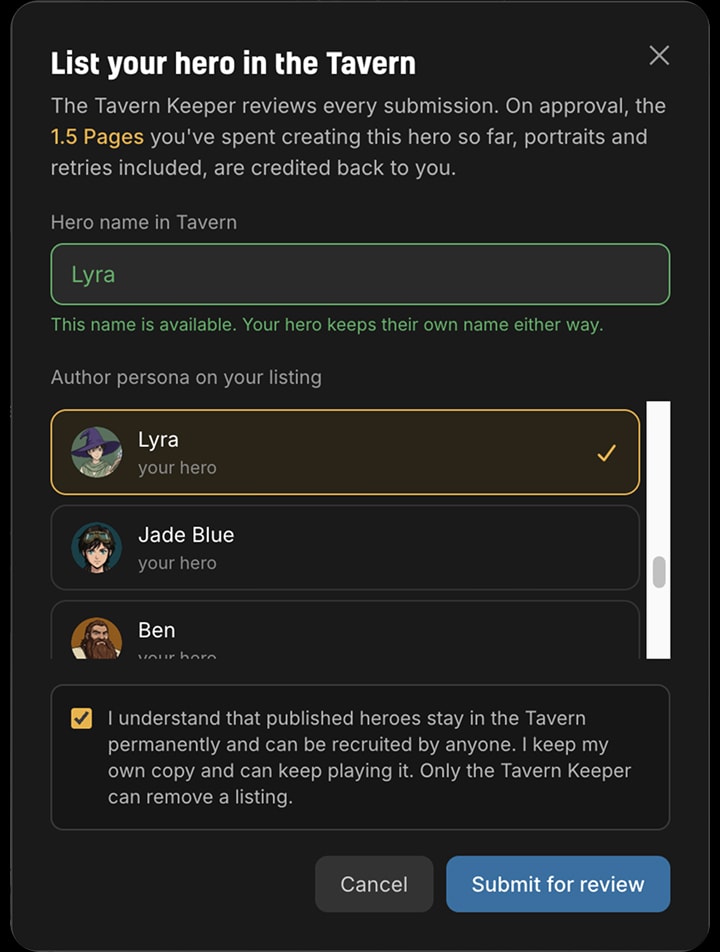 The Tavern Keeper's approval notice showing the Pages credited for an accepted hero