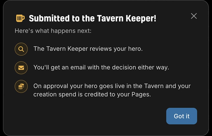 A transaction history showing the Tavern publish reward credited to the player's Page balance