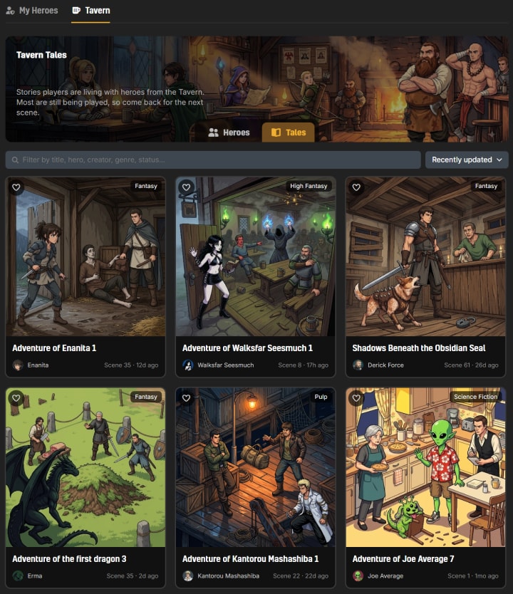 The Tavern Tales tab showing a grid of shared adventure cards across genres, each with its hero, scene count, and last-updated time