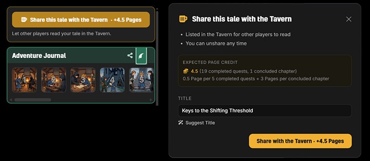 The game page's share bar and the share dialog, showing an expected Page credit of 4.5 Pages for 19 completed quests and 1 concluded chapter