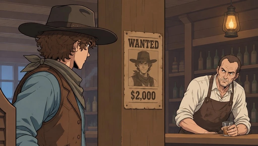 A saloon wall with a Wanted poster pinned to it, a young cowboy studying it while the barkeep watches
