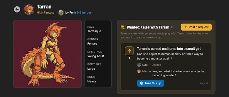 Tarran's Tavern page with the Wanted section: one request by Lyra with a vote, a comment from Mason, and a Take this up button