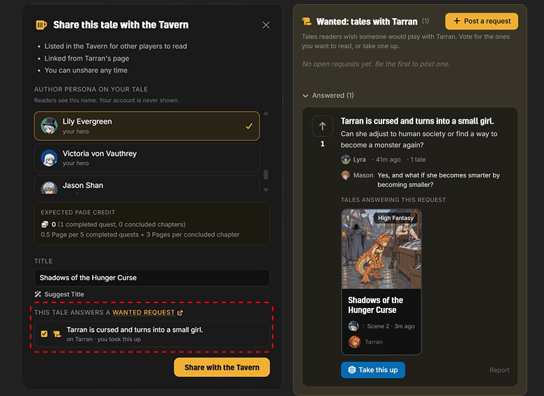 The share dialog with 'This tale answers a Wanted request' ticked, beside the hero page's Answered fold showing the answering tale card