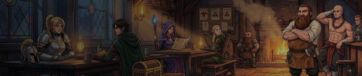 Heroes gathered in the Tavern's torchlit common room